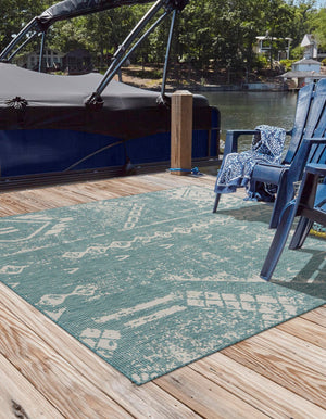 Light Aqua 5' 3 x 5' 3 Outdoor Bohemian Square Area Rug Weather Resistant for Patio, Deck, Terrace, Balcony, Porch 100% Polypropylene Boho Carpet Mat for Sale at Rug Engine