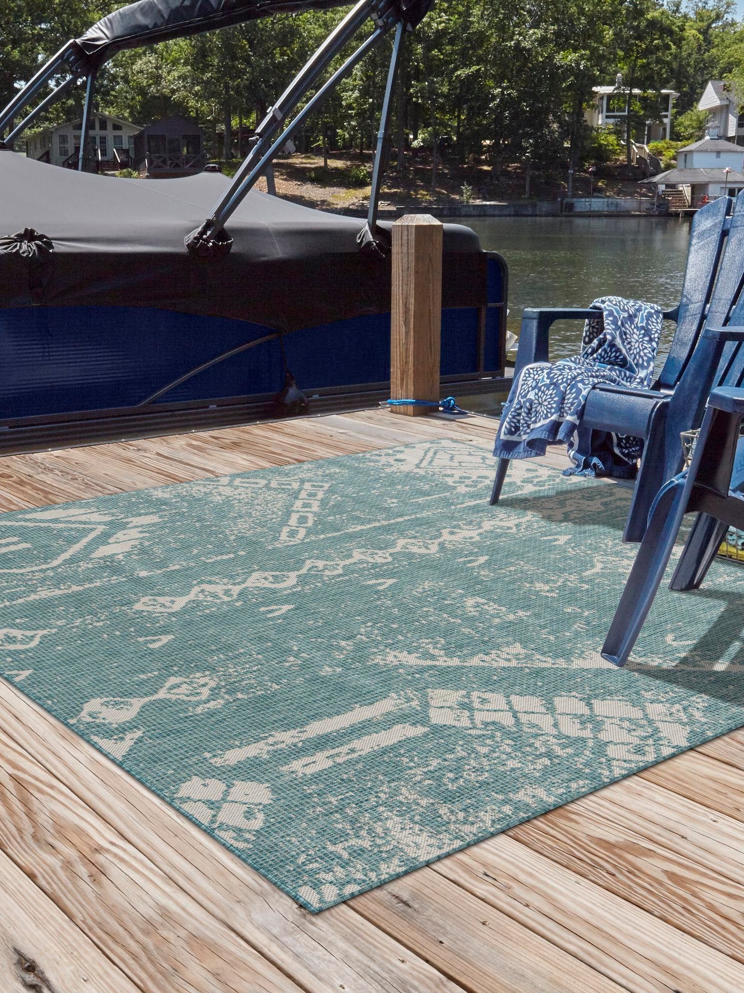 Light Aqua 7' 1 x 7' 1 Outdoor Bohemian Square Area Rug Weather Resistant for Patio, Deck, Terrace, Balcony, Porch 100% Polypropylene Boho Carpet Mat for Sale at Rug Engine