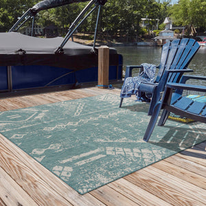 Light Aqua 5' 3 x 5' 3 Outdoor Bohemian Square Area Rug Weather Resistant for Patio, Deck, Terrace, Balcony, Porch 100% Polypropylene Boho Carpet Mat for Sale at Rug Engine