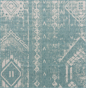 Light Aqua 7' 1 x 7' 1 Outdoor Bohemian Square Area Rug Weather Resistant for Patio, Deck, Terrace, Balcony, Porch 100% Polypropylene Boho Carpet Mat for Sale at Rug Engine