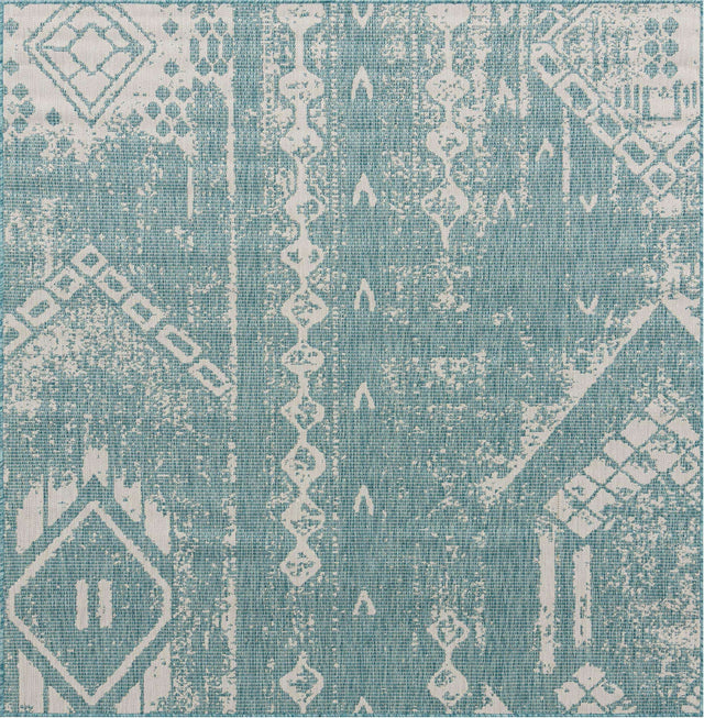 Light Aqua 7' 1 x 7' 1 Outdoor Bohemian Square Area Rug Weather Resistant for Patio, Deck, Terrace, Balcony, Porch 100% Polypropylene Boho Carpet Mat for Sale at Rug Engine