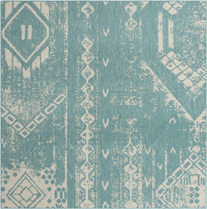Light Aqua 10' 8 x 10' 8 Outdoor Bohemian Square Area Rug Weather Resistant for Patio, Deck, Terrace, Balcony, Porch 100% Polypropylene Boho Carpet Mat for Sale at Rug Engine