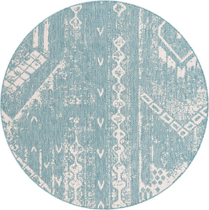 Light Aqua 6' 1 x 6' 1 Outdoor Bohemian Round Area Rug Weather Resistant for Patio, Deck, Terrace, Balcony, Porch 100% Polypropylene Boho Carpet Mat for Sale at Rug Engine