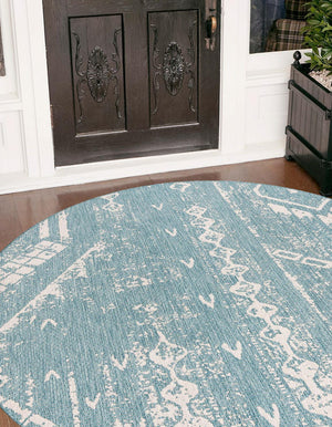 Light Aqua 10' 8 x 10' 8 Outdoor Bohemian Round Area Rug Weather Resistant for Patio, Deck, Terrace, Balcony, Porch 100% Polypropylene Boho Carpet Mat for Sale at Rug Engine