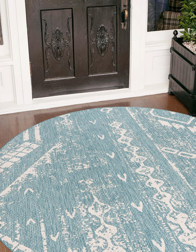 Light Aqua 6' 1 x 6' 1 Outdoor Bohemian Round Area Rug Weather Resistant for Patio, Deck, Terrace, Balcony, Porch 100% Polypropylene Boho Carpet Mat for Sale at Rug Engine