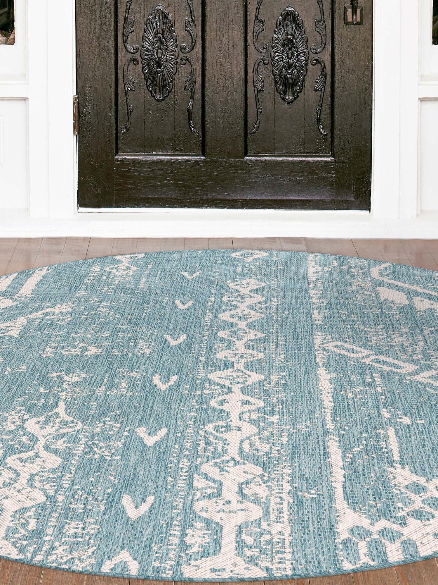 Light Aqua 6' 1 x 6' 1 Outdoor Bohemian Round Area Rug Weather Resistant for Patio, Deck, Terrace, Balcony, Porch 100% Polypropylene Boho Carpet Mat for Sale at Rug Engine