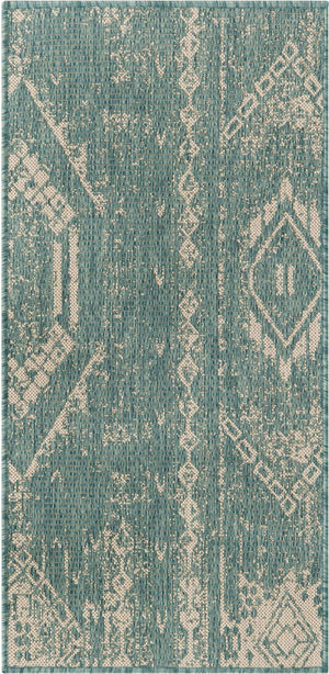 Light Aqua 2' x 4' 1 Outdoor Bohemian Runner Area Rug Weather Resistant for Patio, Deck, Terrace, Balcony, Porch 100% Polypropylene Boho Carpet Mat for Sale at Rug Engine