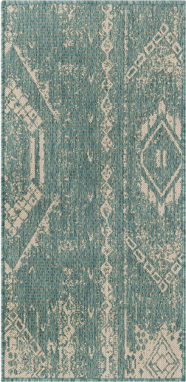 Light Aqua 2' x 4' 1 Outdoor Bohemian Runner Area Rug Weather Resistant for Patio, Deck, Terrace, Balcony, Porch 100% Polypropylene Boho Carpet Mat for Sale at Rug Engine