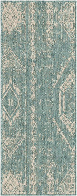 Light Aqua 2' x 5' 3 Outdoor Bohemian Runner Area Rug Weather Resistant for Patio, Deck, Terrace, Balcony, Porch 100% Polypropylene Boho Carpet Mat for Sale at Rug Engine