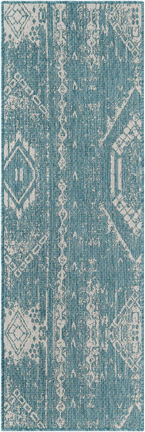 Light Aqua 2' x 6' 1 Outdoor Bohemian Runner Area Rug Weather Resistant for Patio, Deck, Terrace, Balcony, Porch 100% Polypropylene Boho Carpet Mat for Sale at Rug Engine