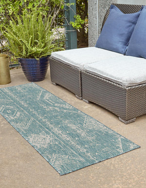 Light Aqua 2' x 4' 1 Outdoor Bohemian Runner Area Rug Weather Resistant for Patio, Deck, Terrace, Balcony, Porch 100% Polypropylene Boho Carpet Mat for Sale at Rug Engine