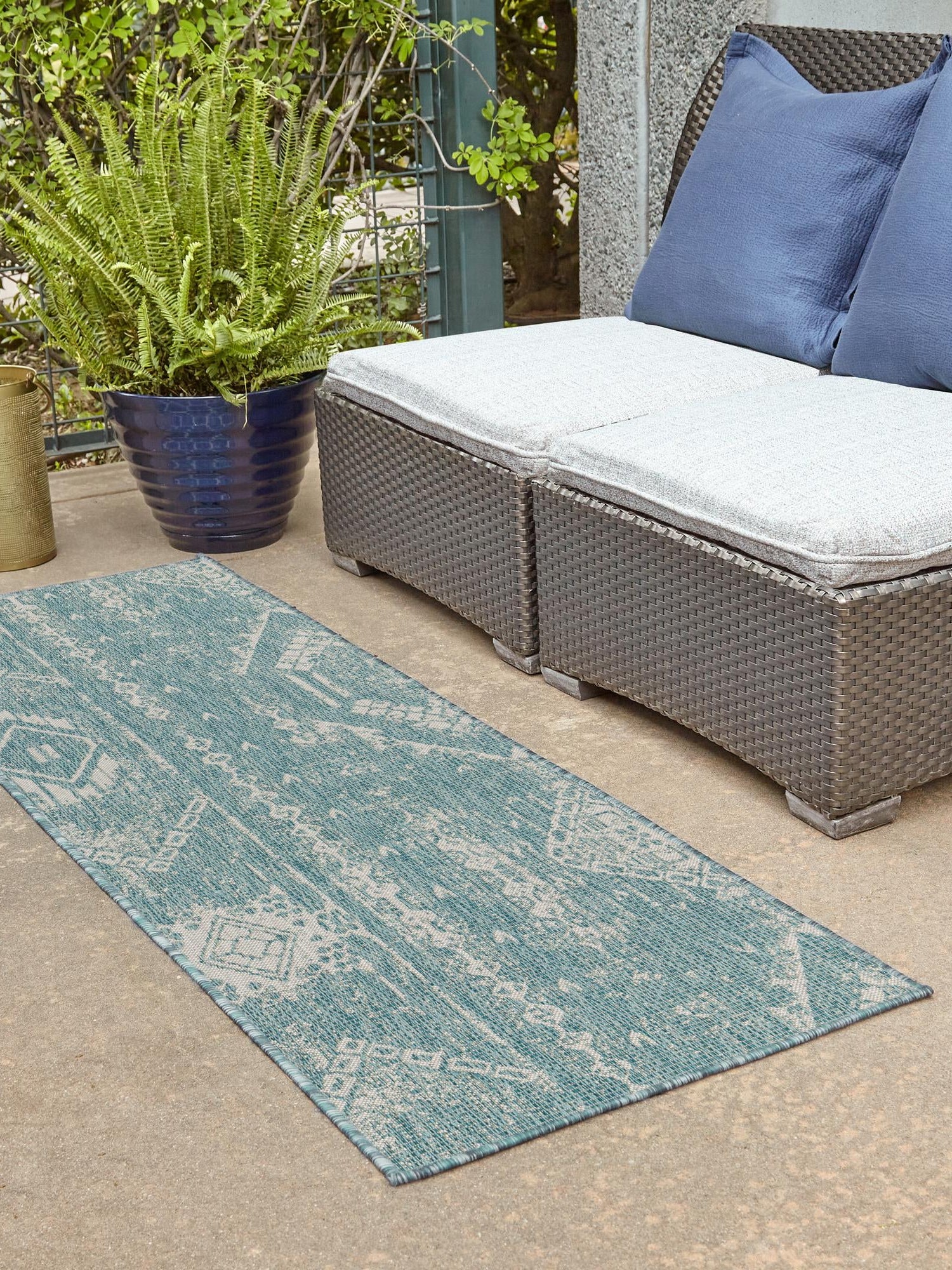 Light Aqua 3' 3 x 14' 1 Outdoor Bohemian Runner Area Rug Weather Resistant for Patio, Deck, Terrace, Balcony, Porch 100% Polypropylene Boho Carpet Mat for Sale at Rug Engine