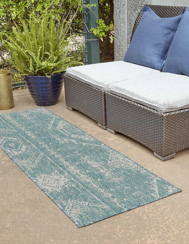 Light Aqua 2' 7 x 12' Outdoor Bohemian Runner Area Rug Weather Resistant for Patio, Deck, Terrace, Balcony, Porch 100% Polypropylene Boho Carpet Mat for Sale at Rug Engine