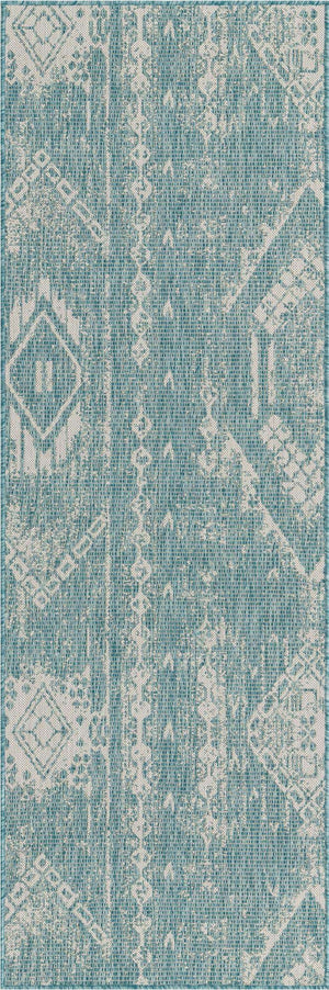 Light Aqua 2' x 8' Outdoor Bohemian Runner Area Rug Weather Resistant for Patio, Deck, Terrace, Balcony, Porch 100% Polypropylene Boho Carpet Mat for Sale at Rug Engine