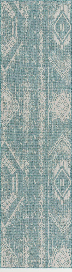 Light Aqua 2' 7 x 12' Outdoor Bohemian Runner Area Rug Weather Resistant for Patio, Deck, Terrace, Balcony, Porch 100% Polypropylene Boho Carpet Mat for Sale at Rug Engine