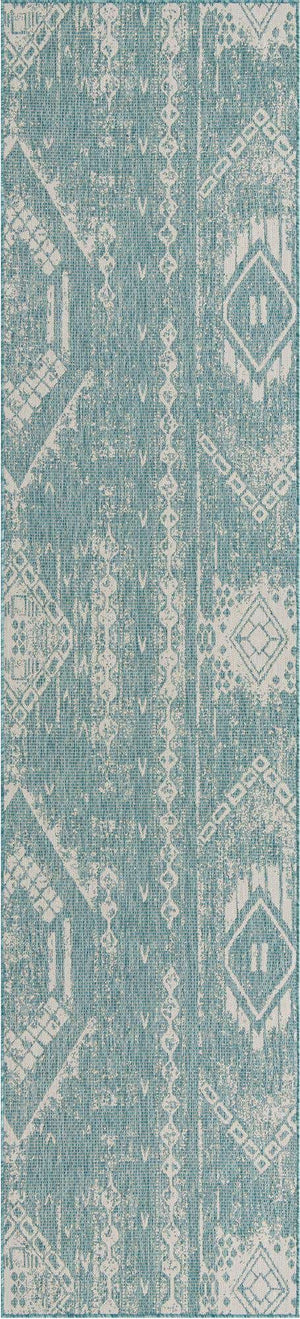 Light Aqua 3' 3 x 14' 1 Outdoor Bohemian Runner Area Rug Weather Resistant for Patio, Deck, Terrace, Balcony, Porch 100% Polypropylene Boho Carpet Mat for Sale at Rug Engine