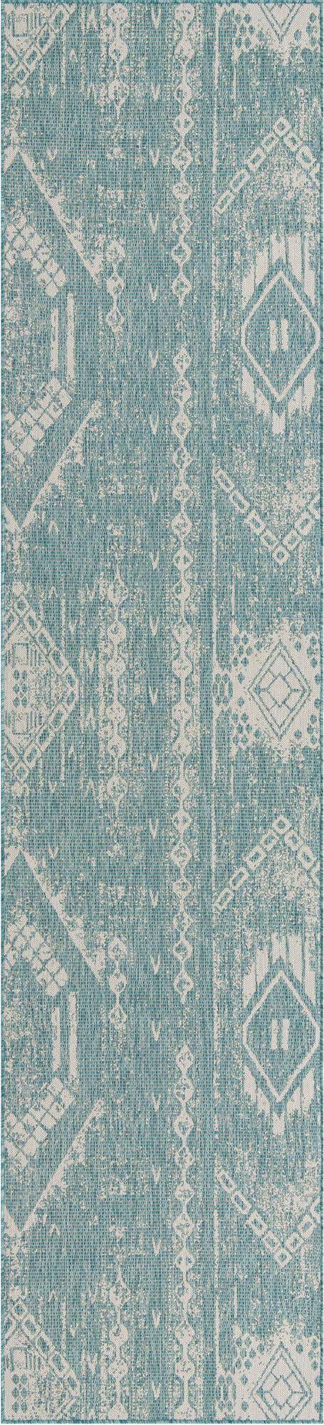 Light Aqua 3' 3 x 14' 1 Outdoor Bohemian Runner Area Rug Weather Resistant for Patio, Deck, Terrace, Balcony, Porch 100% Polypropylene Boho Carpet Mat for Sale at Rug Engine