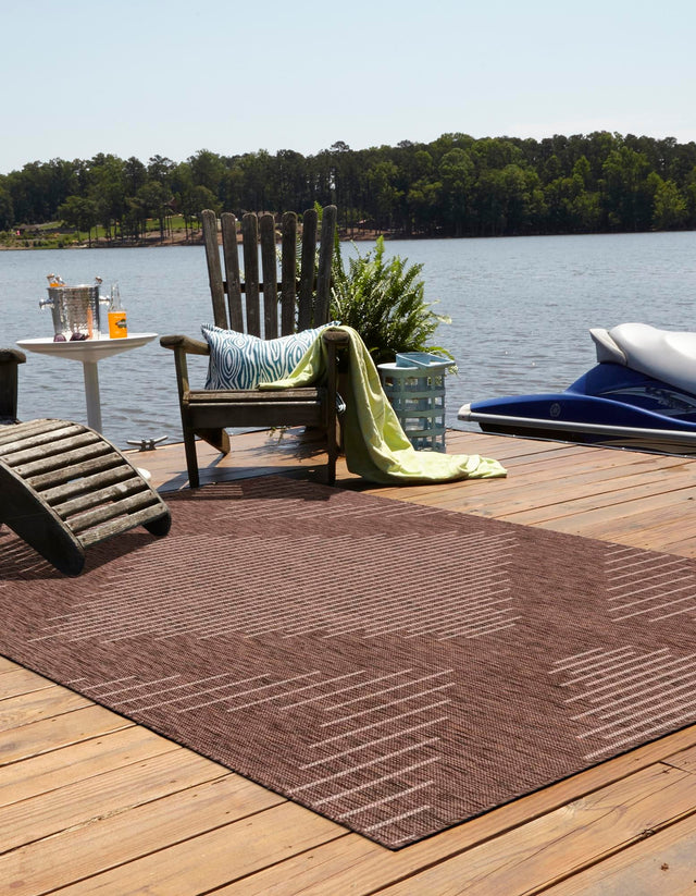 Brown 7' 1 x 10' Outdoor Modern Rectangle Area Rug Weather Resistant for Patio, Deck, Terrace, Balcony, Porch 100% Polypropylene Modern Outside Carpet for Sale at Rug Engine