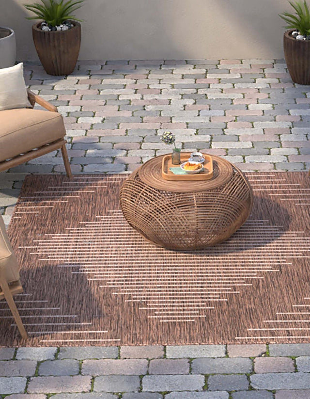 Brown 5' 3 x 5' 3 Outdoor Modern Square Area Rug Weather Resistant for Patio, Deck, Terrace, Balcony, Porch 100% Polypropylene Modern Outside Carpet for Sale at Rug Engine