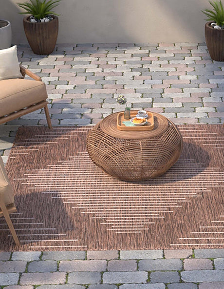 Brown 10' 8 x 10' 8 Outdoor Modern Square Area Rug Weather Resistant for Patio, Deck, Terrace, Balcony, Porch 100% Polypropylene Modern Outside Carpet for Sale at Rug Engine