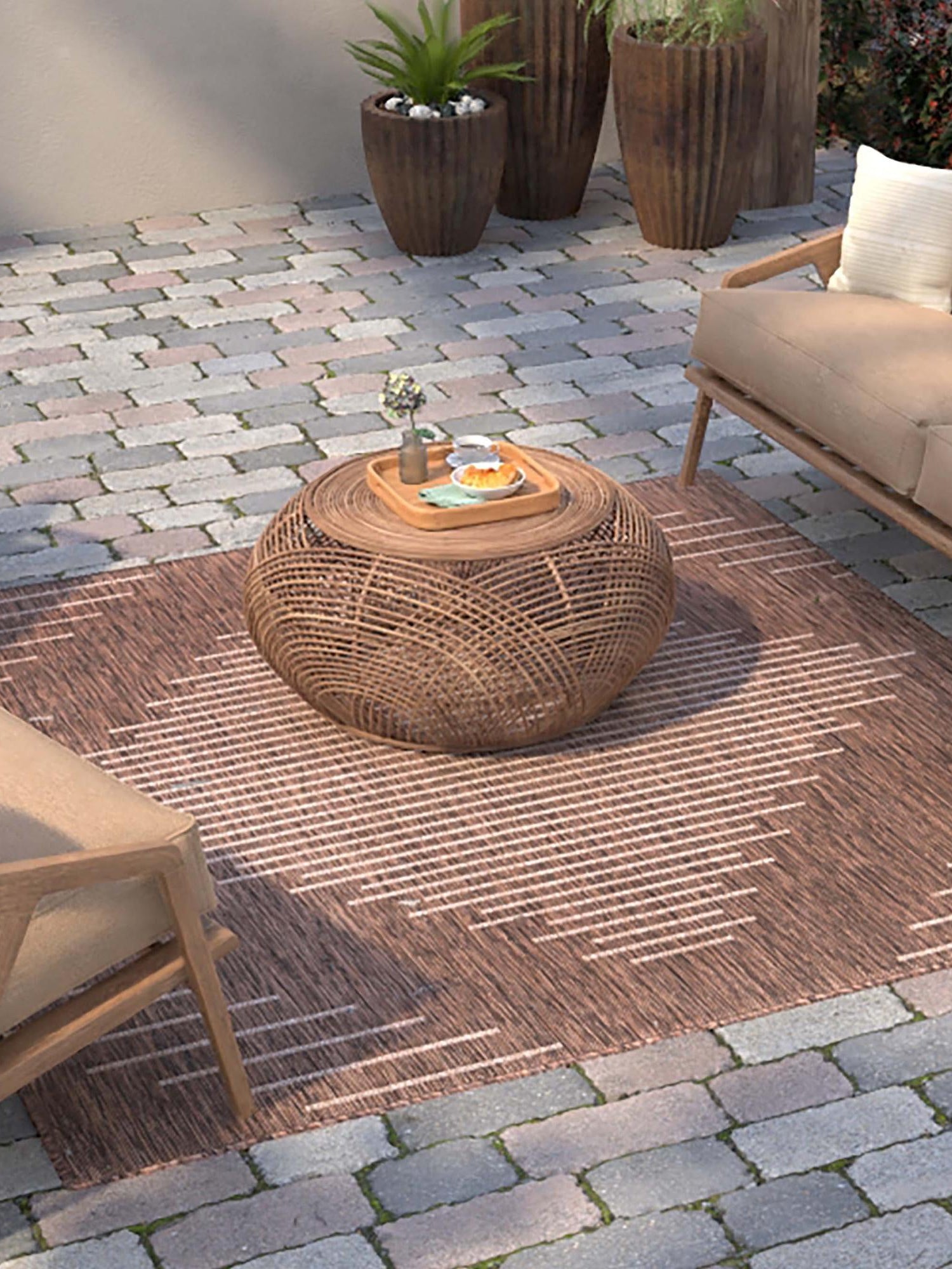 Brown 7' 1 x 7' 1 Outdoor Modern Square Area Rug Weather Resistant for Patio, Deck, Terrace, Balcony, Porch 100% Polypropylene Modern Outside Carpet for Sale at Rug Engine