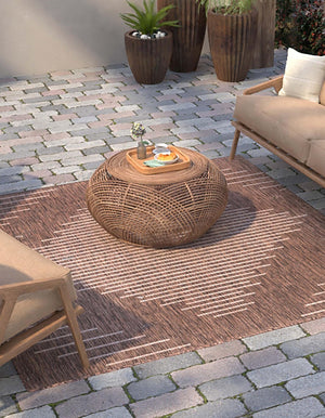 Brown 7' 1 x 7' 1 Outdoor Modern Square Area Rug Weather Resistant for Patio, Deck, Terrace, Balcony, Porch 100% Polypropylene Modern Outside Carpet for Sale at Rug Engine