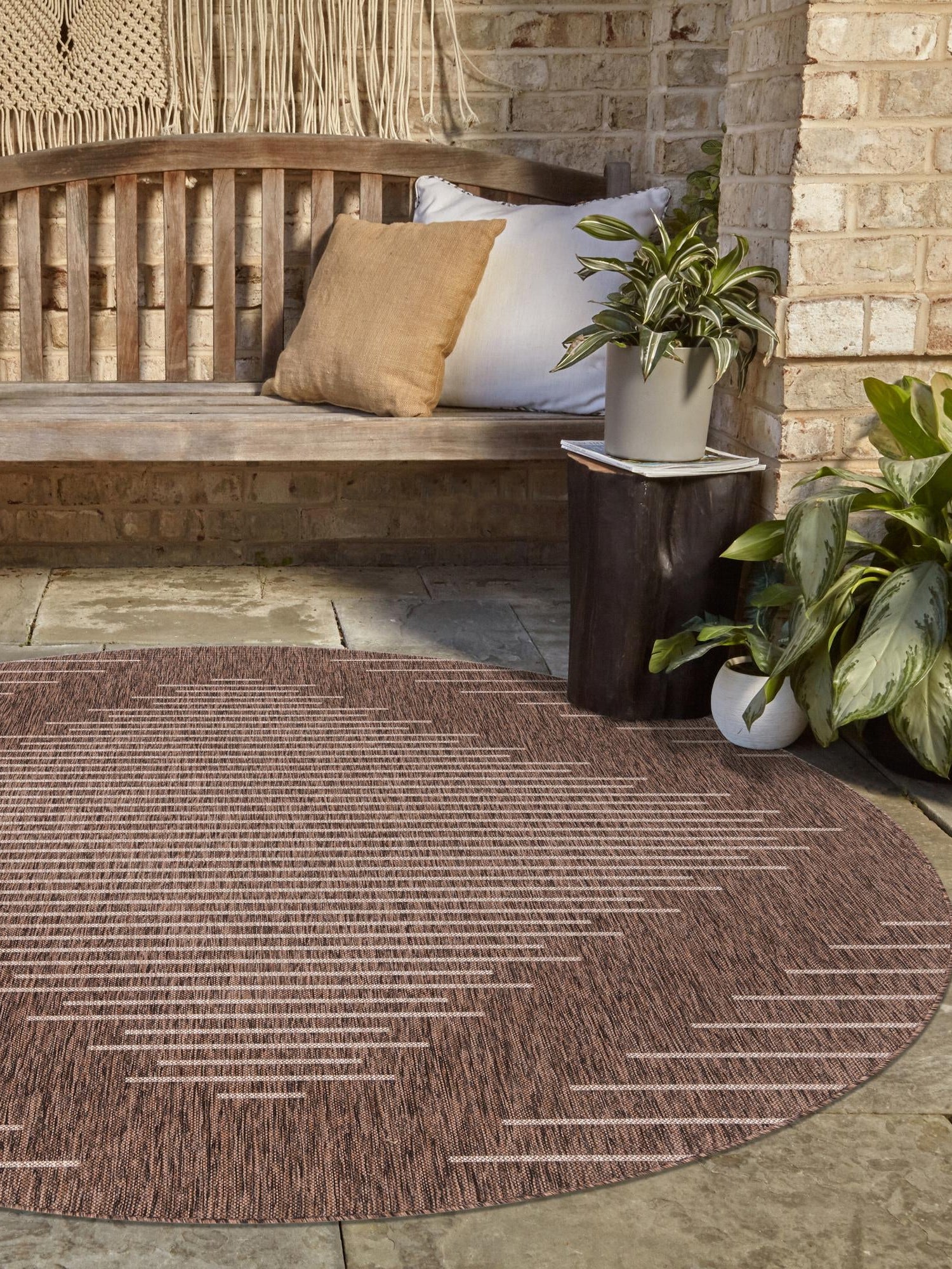 Brown 7' 10 x 7' 10 Outdoor Modern Round Area Rug Weather Resistant for Patio, Deck, Terrace, Balcony, Porch 100% Polypropylene Modern Outside Carpet for Sale at Rug Engine