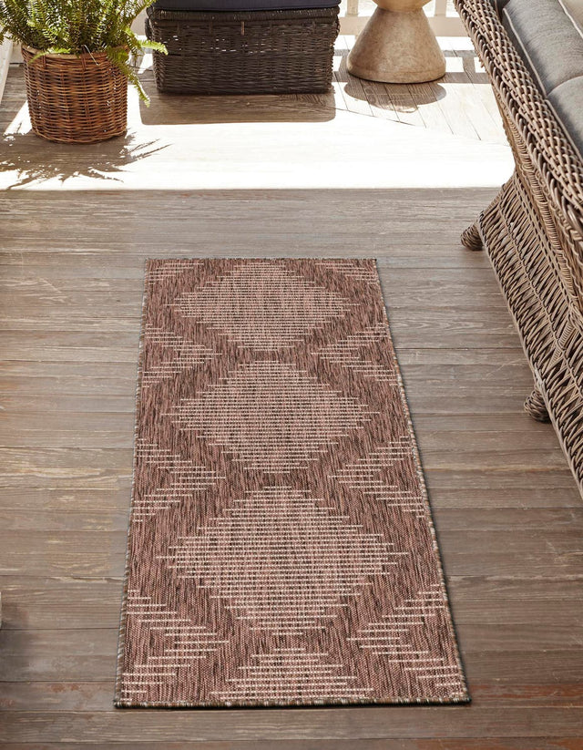 Brown 2' 7 x 12' Outdoor Modern Runner Area Rug Weather Resistant for Patio, Deck, Terrace, Balcony, Porch 100% Polypropylene Modern Outside Carpet for Sale at Rug Engine