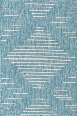Light Aqua 4' 1 x 6' 1 Outdoor Modern Rectangle Area Rug Weather Resistant for Patio, Deck, Terrace, Balcony, Porch 100% Polypropylene Modern Outside Carpet for Sale at Rug Engine