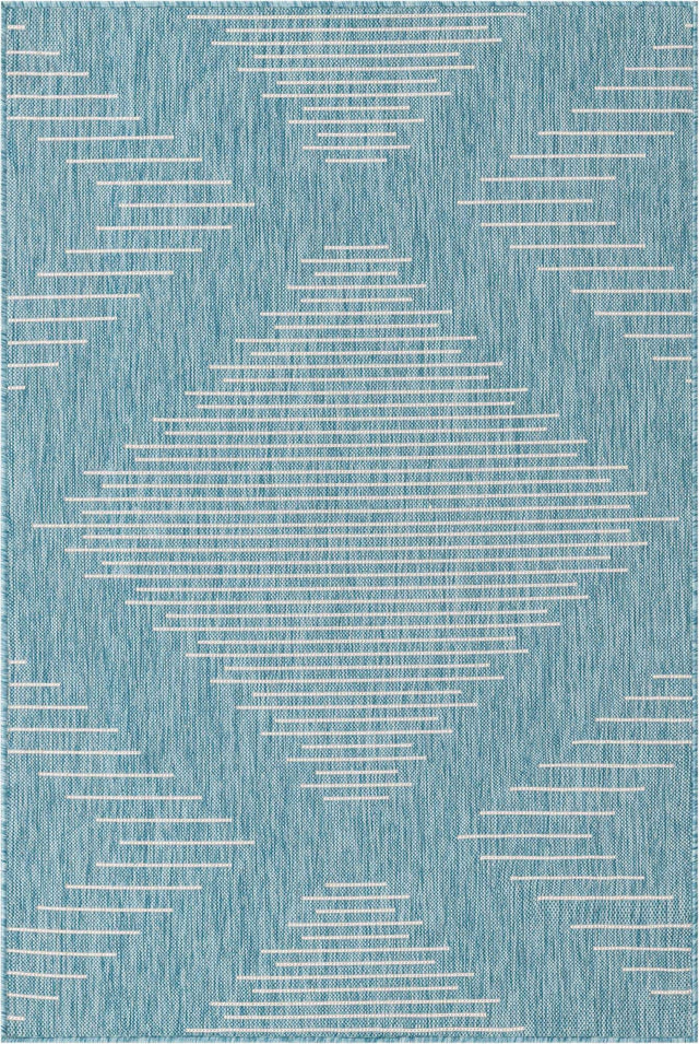 Light Aqua 4' 1 x 6' 1 Outdoor Modern Rectangle Area Rug Weather Resistant for Patio, Deck, Terrace, Balcony, Porch 100% Polypropylene Modern Outside Carpet for Sale at Rug Engine
