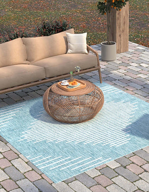 Light Aqua 7' 1 x 7' 1 Outdoor Modern Square Area Rug Weather Resistant for Patio, Deck, Terrace, Balcony, Porch 100% Polypropylene Modern Outside Carpet for Sale at Rug Engine