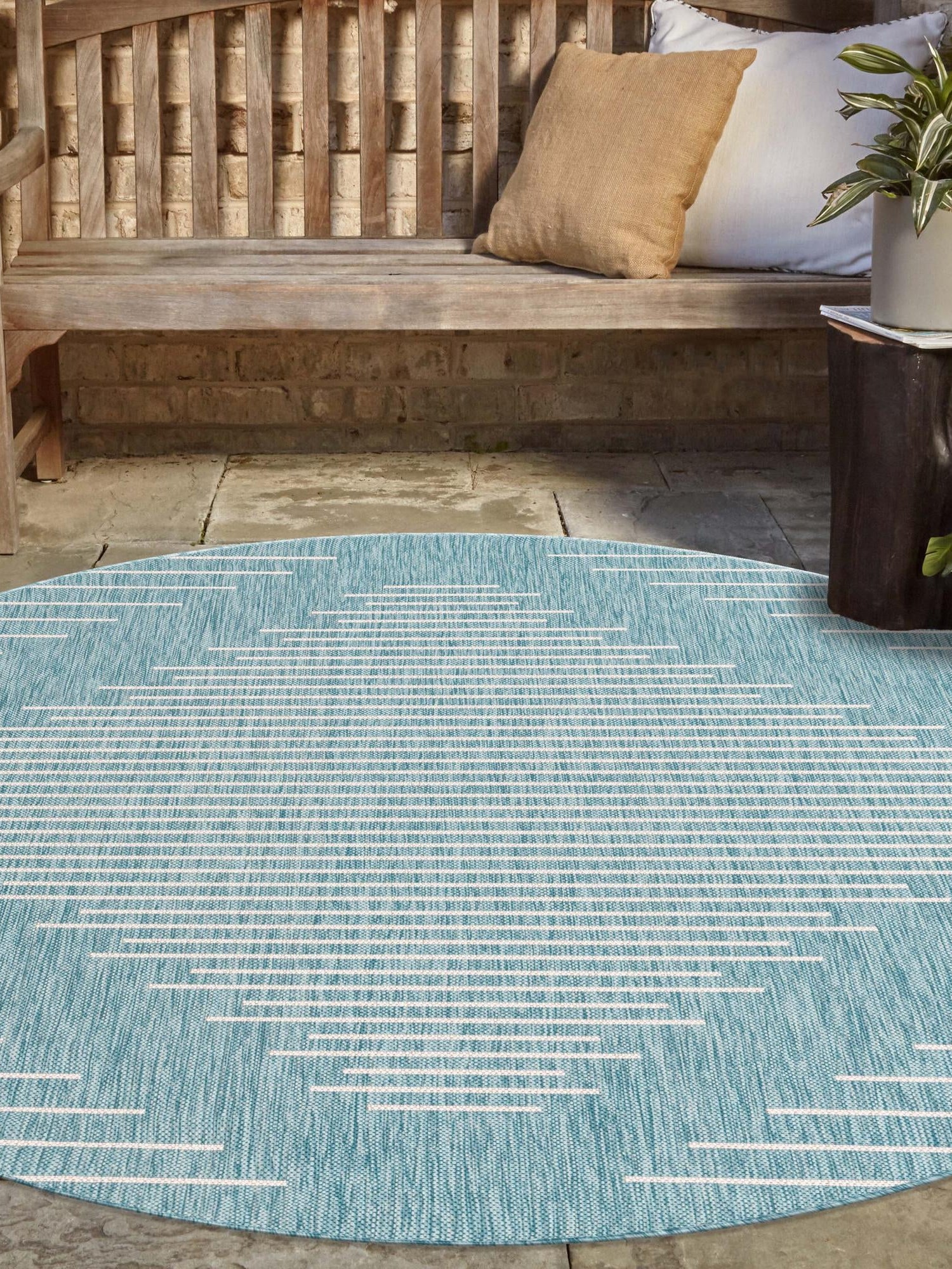 Light Aqua 6' 1 x 6' 1 Outdoor Modern Round Area Rug Weather Resistant for Patio, Deck, Terrace, Balcony, Porch 100% Polypropylene Modern Outside Carpet for Sale at Rug Engine