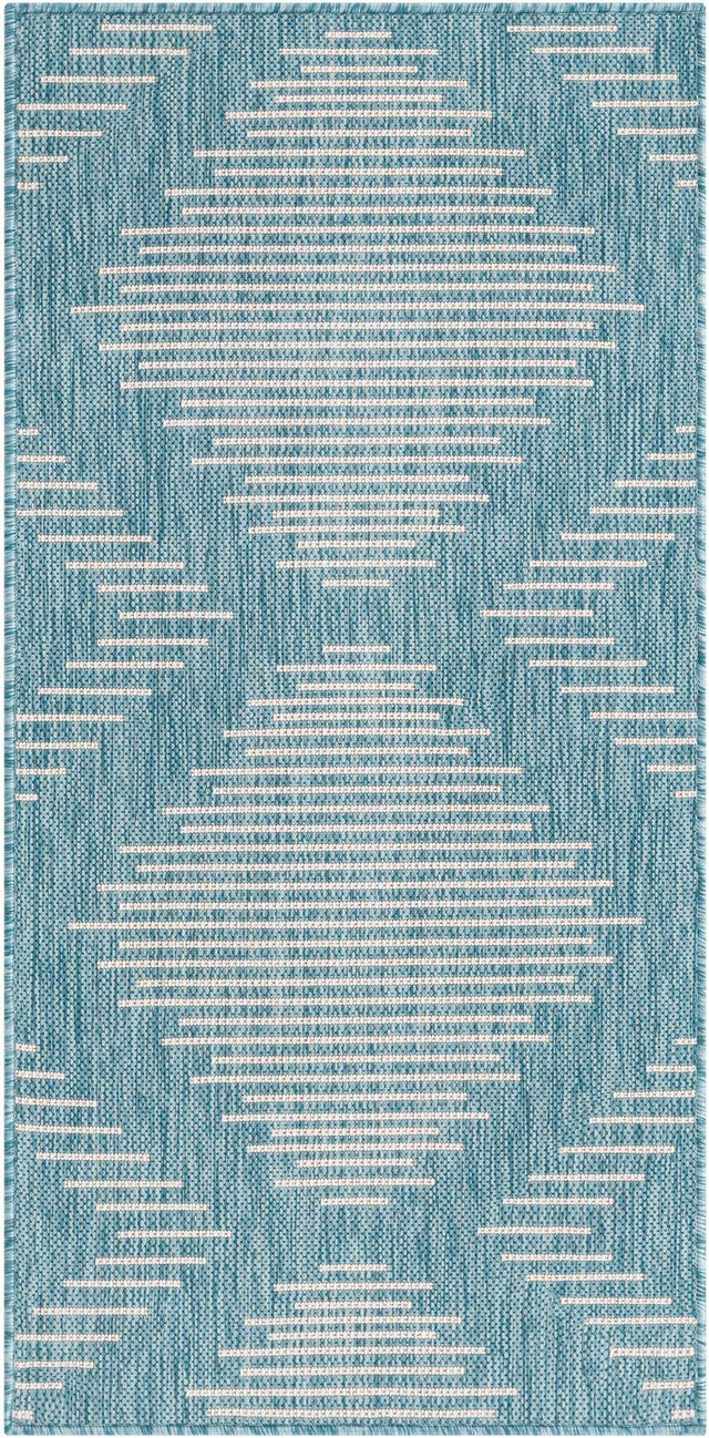 Light Aqua 2' x 4' 1 Outdoor Modern Runner Area Rug Weather Resistant for Patio, Deck, Terrace, Balcony, Porch 100% Polypropylene Modern Outside Carpet for Sale at Rug Engine