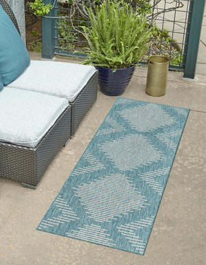Light Aqua 2' x 6' 1 Outdoor Modern Runner Area Rug Weather Resistant for Patio, Deck, Terrace, Balcony, Porch 100% Polypropylene Modern Outside Carpet for Sale at Rug Engine
