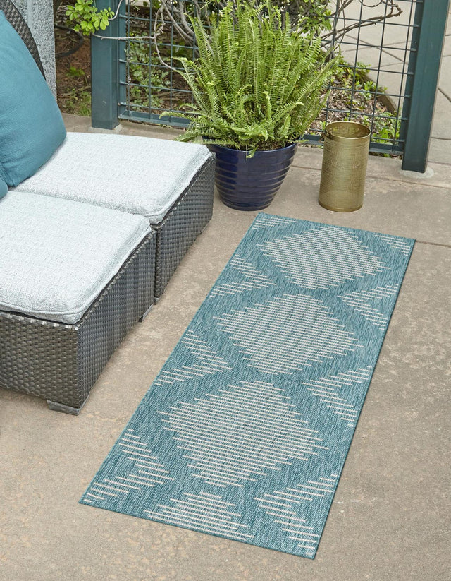 Light Aqua 2' x 6' 1 Outdoor Modern Runner Area Rug Weather Resistant for Patio, Deck, Terrace, Balcony, Porch 100% Polypropylene Modern Outside Carpet for Sale at Rug Engine
