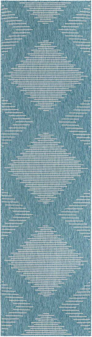 Light Aqua 3' 3 x 12' Outdoor Modern Runner Area Rug Weather Resistant for Patio, Deck, Terrace, Balcony, Porch 100% Polypropylene Modern Outside Carpet for Sale at Rug Engine