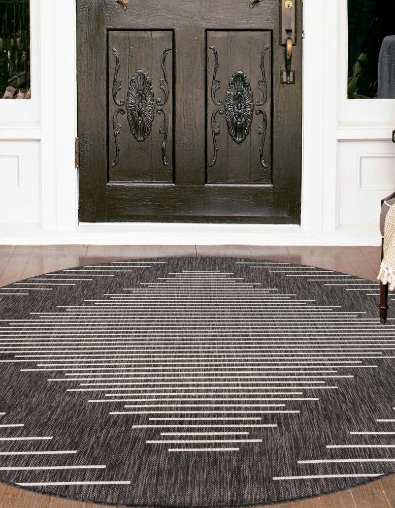 Charcoal Gray 7' 10 x 7' 10 Outdoor Modern Round Area Rug Weather Resistant for Patio, Deck, Terrace, Balcony, Porch 100% Polypropylene Modern Outside Carpet for Sale at Rug Engine