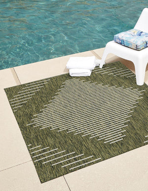 Green 13' 1 x 13' 1 Outdoor Modern Square Area Rug Weather Resistant for Patio, Deck, Terrace, Balcony, Porch 100% Polypropylene Modern Outside Carpet for Sale at Rug Engine