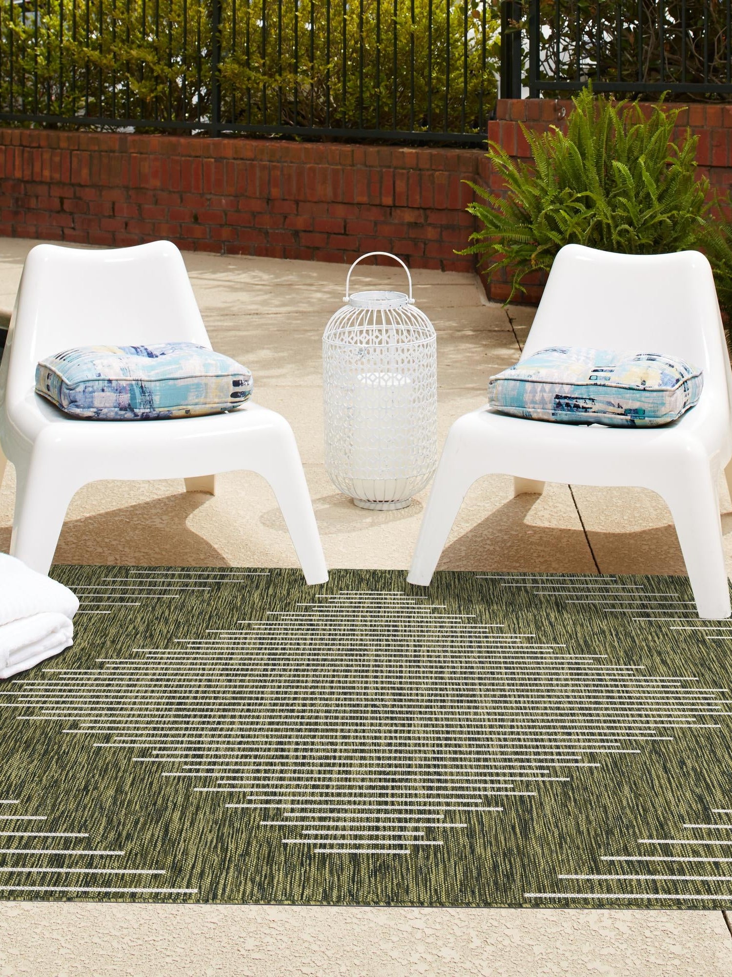 Green 5' 3 x 5' 3 Outdoor Modern Square Area Rug Weather Resistant for Patio, Deck, Terrace, Balcony, Porch 100% Polypropylene Modern Outside Carpet for Sale at Rug Engine