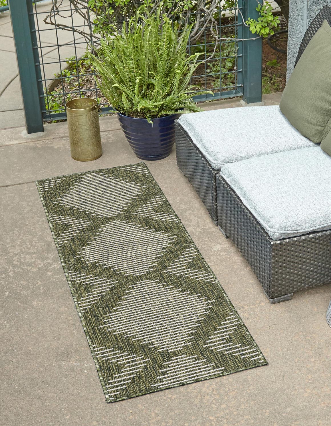 Green 2' 7 x 12' Outdoor Modern Runner Area Rug Weather Resistant for Patio, Deck, Terrace, Balcony, Porch 100% Polypropylene Modern Outside Carpet for Sale at Rug Engine