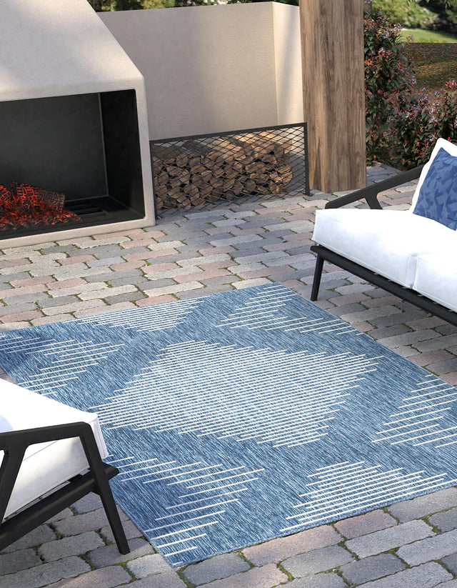 Blue 5' 3 x 8' Outdoor Modern Rectangle Area Rug Weather Resistant for Patio, Deck, Terrace, Balcony, Porch 100% Polypropylene Modern Outside Carpet for Sale at Rug Engine