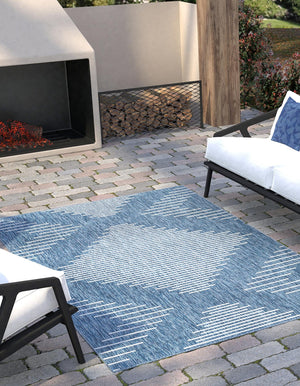 Blue 2' x 3' 1 Outdoor Modern Rectangle Area Rug Weather Resistant for Patio, Deck, Terrace, Balcony, Porch 100% Polypropylene Modern Outside Carpet for Sale at Rug Engine