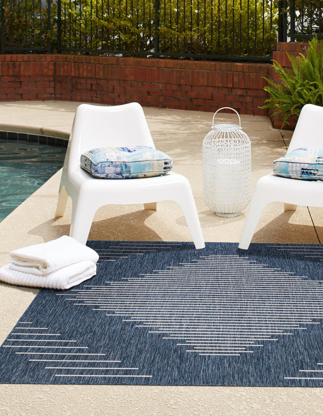Blue 5' 3 x 5' 3 Outdoor Modern Square Area Rug Weather Resistant for Patio, Deck, Terrace, Balcony, Porch 100% Polypropylene Modern Outside Carpet for Sale at Rug Engine