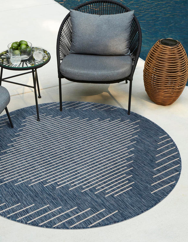 Blue 6' 1 x 6' 1 Outdoor Modern Round Area Rug Weather Resistant for Patio, Deck, Terrace, Balcony, Porch 100% Polypropylene Modern Outside Carpet for Sale at Rug Engine