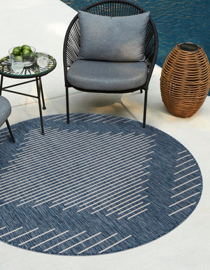 Blue 10' 8 x 10' 8 Outdoor Modern Round Area Rug Weather Resistant for Patio, Deck, Terrace, Balcony, Porch 100% Polypropylene Modern Outside Carpet for Sale at Rug Engine