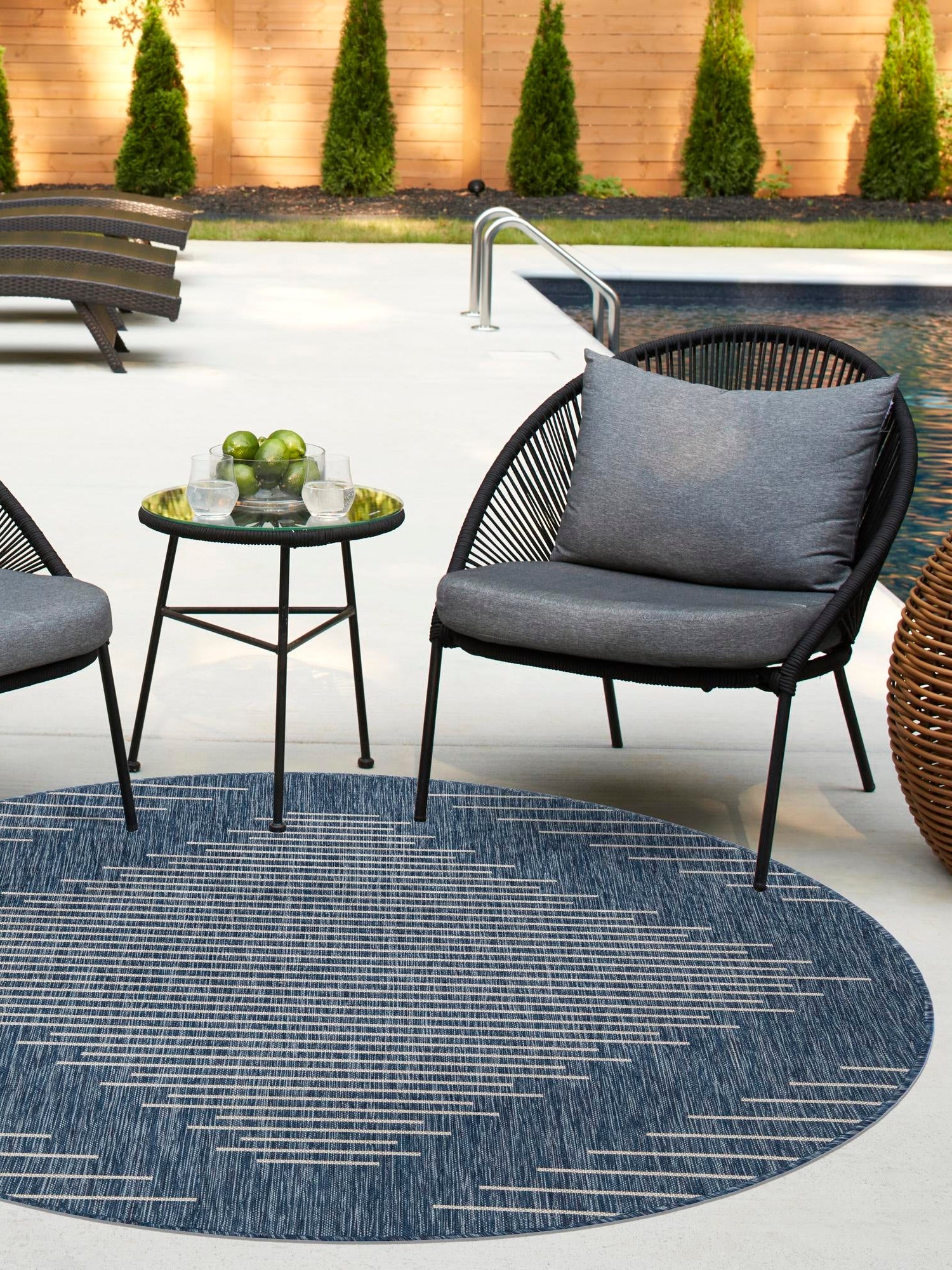 Blue 10' 8 x 10' 8 Outdoor Modern Round Area Rug Weather Resistant for Patio, Deck, Terrace, Balcony, Porch 100% Polypropylene Modern Outside Carpet for Sale at Rug Engine