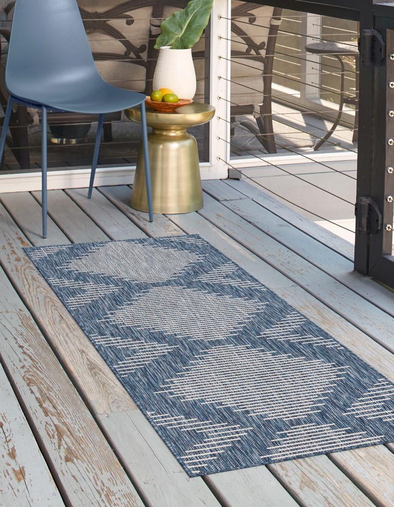 Blue 2' x 8' Outdoor Modern Runner Area Rug Weather Resistant for Patio, Deck, Terrace, Balcony, Porch 100% Polypropylene Modern Outside Carpet for Sale at Rug Engine