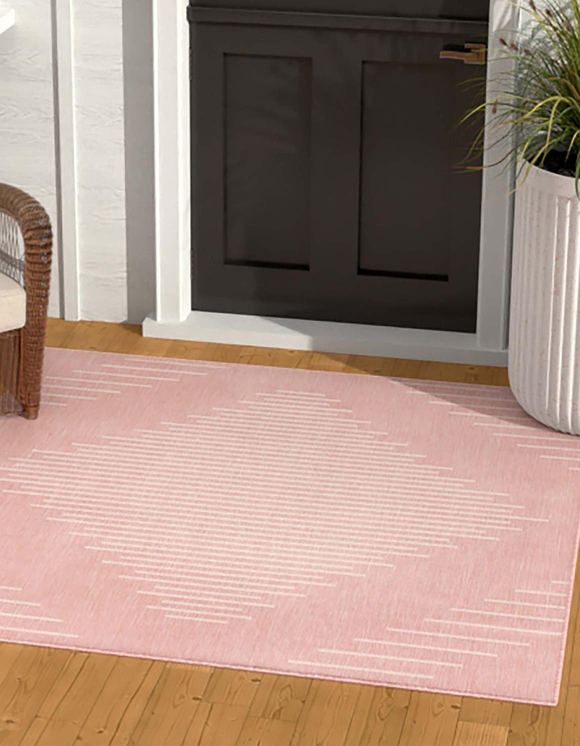 Pink 7' 1 x 7' 1 Outdoor Modern Square Area Rug Weather Resistant for Patio, Deck, Terrace, Balcony, Porch 100% Polypropylene Modern Outside Carpet for Sale at Rug Engine