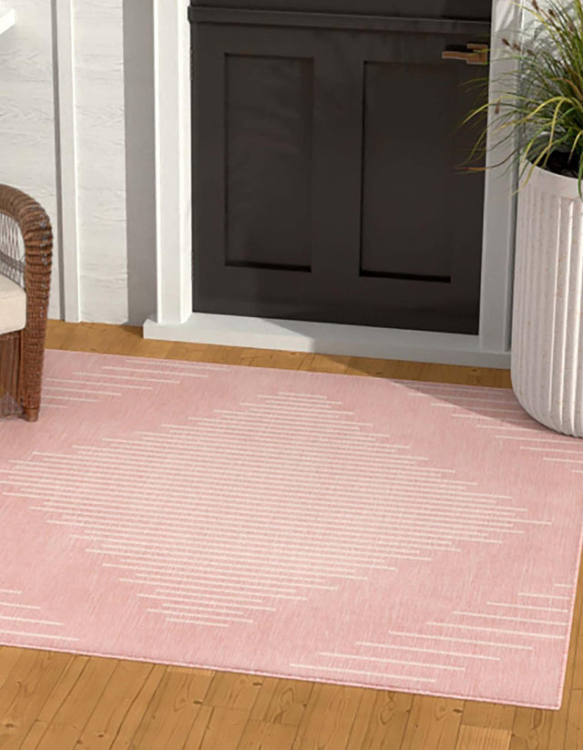 Pink 5' 3 x 5' 3 Outdoor Modern Square Area Rug Weather Resistant for Patio, Deck, Terrace, Balcony, Porch 100% Polypropylene Modern Outside Carpet for Sale at Rug Engine