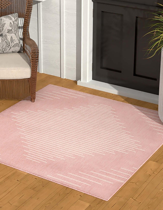 Pink 7' 1 x 7' 1 Outdoor Modern Square Area Rug Weather Resistant for Patio, Deck, Terrace, Balcony, Porch 100% Polypropylene Modern Outside Carpet for Sale at Rug Engine